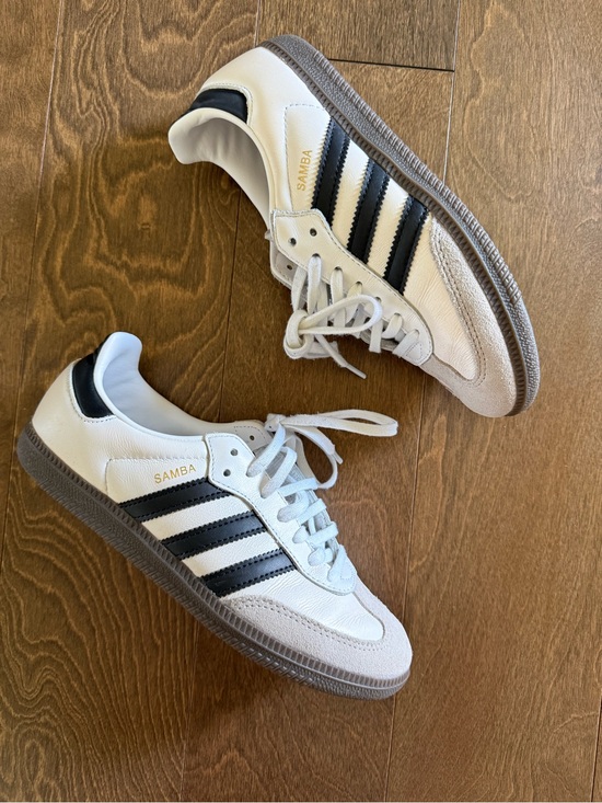 adidas Shoes - adidas White Leather & Gray Suede Sneakers with Black Stripes